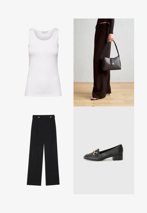 Débardeur en coton blanc avec un décolleté rond et une coupe ajustée. Montre une texture lisse et des coutures minimales, idéal pour le superposition.; Pantalons larges noirs à taille haute, avec des détails de boutons à la taille et des plis sur le devant.; Mocassins en cuir noir avec un talon plat, présentant un détail décoratif en métal doré à l'avant et une texture lisse.; Sac à main noir à la forme structurée, texture lisse et fermoir métallique. Associé à un pantalon noir ample et des sandales ouvertes sur un sol en bois.