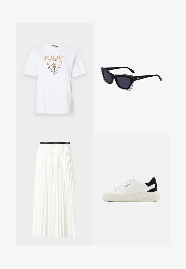 White cotton T-shirt featuring a gold sequin logo and floral design within a shield shape on the front. Short sleeves and round neckline.; Pleated white skirt with a black elastic waistband featuring the "LACOSTE" logo. Mid-length design with soft texture.; White leather sneakers with a thick white sole, black suede heel accent, and embossed logo on the side. Laced design with six eyelets.; Black oversized sunglasses with a geometric shape, featuring dark lenses and a contrasting grey detail on the frame. Logo on the arm.