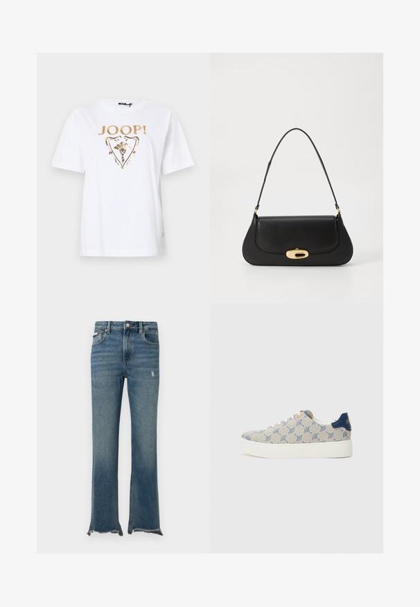 T-shirt bianco in cotone con logo in paillettes dorate e design floreale all'interno di una forma a scudo sul davanti. Maniche corte e scollatura rotonda.; Jeans di denim blu con leggeri segni di usura, orli grezzi sfrangiati, tasche frontali, passanti per cintura e chiusura con bottone.; JOOP! MAZZOLINO NEW DAPHNE - Sneakers basse - blue; Borsa a tracolla in pelle nera con design curvo, hardware color oro e manico superiore. Caratterizzata da una chiusura elegante e una superficie liscia.