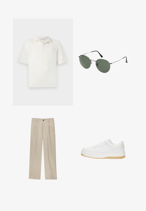Rövid ujjú, fehér pólóing, textúrált anyagból készült. Klasszikus gallérral és finom gombolással rendelkezik, amely két gombot tartalmaz.; Beige egyenes szárú nadrág, egy fekete gombbal, övhurkokkal és oldalzsebekkel. Sima szövettextúra és minimális design.; Fehér bőr sneaker, texturált felülettel, gumitalppal, fűzős kialakítással és diszkrét csíkozással az oldalakon.; Fémkeretes napszemüveg ovális zöld lencsékkel. Vékony ezüst színű fémkeret és fekete fülrész. Minimalista dizájn, látható logók nélkül.