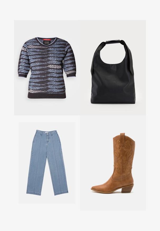 Sweater med korte ærmer, med en sort bund og et blåt, gråt og hvidt bladmønster. Rund hals og tekstureret stof.; Lyseblå brede jeans lavet af denim. Har høj talje, knaplukning og synlige syninger. Ingen lommer er synlige foran.; Tan læder cowboystøvle med spids tå, broderede svirvelmønstre på skaftet og en stablet blokhæl. Har en træksløjfe for nem af/på.; Sort læder hobo taske med et enkelt, blødt, rundt håndtag; har en glat tekstur og et minimalistisk design. Ingen synligt hardware eller accenter.