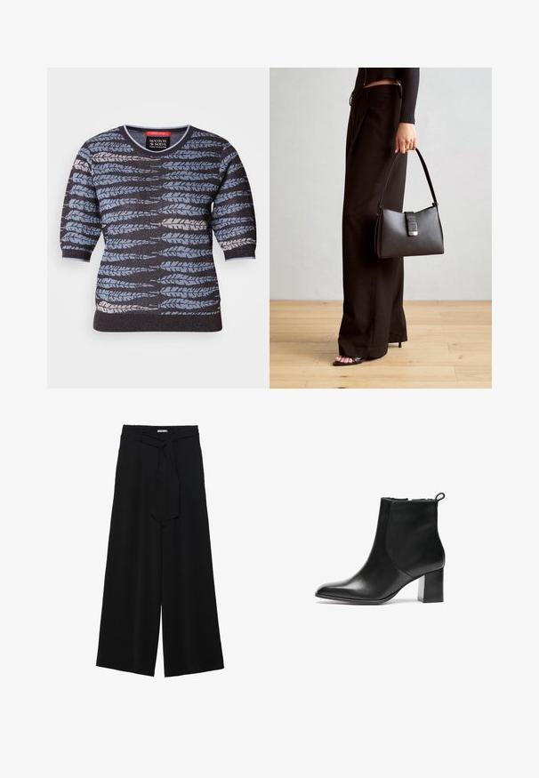 Pulover s kratkimi rokavi, ki ima črno osnovo in modro, sivo ter belo vzorčasto listje. Okrugli ovratnik in strukturirana tkanina.; Črne široke hlače iz teksturirane tkanine, z elastičnim pasom in odstranljivim trakom na pasu za prilagodljivo prileganje.; Črne usnjene gležnjarje z zaobljenim nosom, srednje visokim blokastim peto in zanko na hrbtni strani. Gladka tekstura, minimalističen dizajn.; Črna torbica z strukturirano obliko, gladko teksturo in kovinskim zaponko. Ujemajo se z širokimi črnimi hlačami in odprtimi sandali na lesenem tleh.