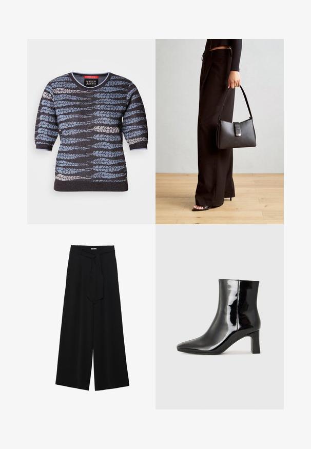 Sveter s krátkymi rukávmi, s čiernym podkladom a modro, sivou a bielou vzorom listov. Kruhovo strihaný výstrih a textúrovaná tkanina.; Čierne široké nohavice s textúrovanou tkaninou, elastickým pásom a odnímateľným viazaním na páse pre nastaviteľné priliehanie.; Čierne lakované členkové topánky s špicatou špičkou a stredne vysokým blokovým podpätkom. Hladká textúra a minimalistický dizajn.; Čierna kabelka so štruktúrovaným tvarom, hladkou textúrou a kovovou sponou. V kombinácii so širokými čiernymi nohavicami a sandálmi s otvorenou špičkou na drevenej podlahe.
