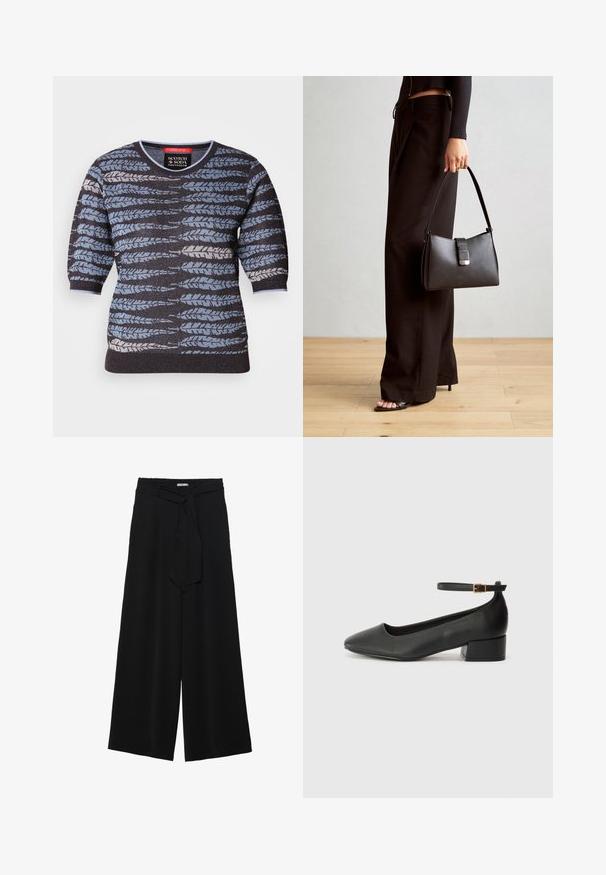 Jersey de manga corta, con una base negra y un patrón de hojas en azul, gris y blanco. Cuello redondo y tejido texturizado.; Pantalones de pierna ancha negros con un tejido texturizado, una cinturilla elástica y un lazo desmontable en la cintura para un ajuste ajustable.; Zapato de tacón negro de cuero con punta afilada y tacón bajo cuadrado. Presenta una correa para el tobillo con una hebilla en tono dorado. Textura suave.; Bolso negro con forma estructurada, textura suave y un cierre metálico. Combinado con pantalones anchos negros y sandalias de dedo en un suelo de madera.