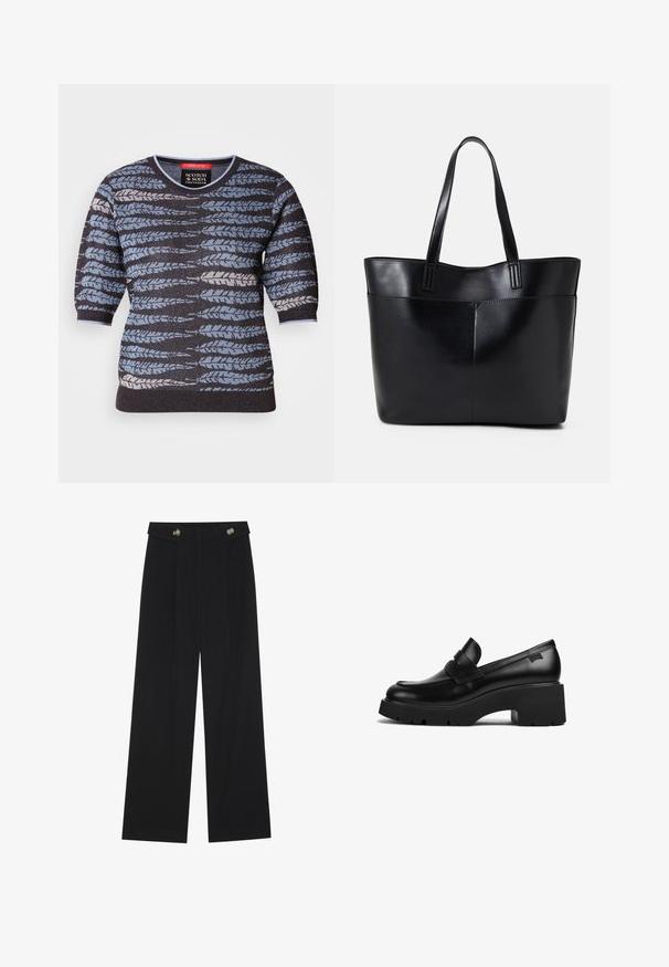 Sveter s krátkymi rukávmi, s čiernym podkladom a modro, sivou a bielou vzorom listov. Kruhovo strihaný výstrih a textúrovaná tkanina.; Čierne široké nohavice s vysokým pásom, so zapínaním na gombíky na páse a prednými sklady.; Čierne kožené mokasíny s hrubým podpätkom a hrubou podrážkou, so strapcom na vrchu, zobrazené z boku na bielom pozadí.; Čierna kožená tote taška s dvoma dlhými rúčkami, hladkým povrchom a štruktúrovaným tvarom. Obsahuje prednú kapsu pre dodatočné uskladnenie.