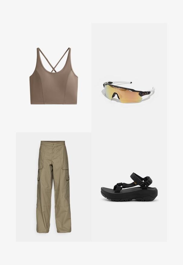 OYSHO EVERMOVE - Felső - brown; Olajzöld szövetből készült cargo nadrág, laza szabással, több oldal zsebbel és gombos derékrésszel. Simaszt texture.; A fekete sportpapucsok állítható pántokkal, mintázott talppal a tapadásért, valamint vastag profilal a kényelem és stabilitás érdekében rendelkeznek. Könnyű anyagból készültek.; Fekete-fehér kerettel készült napszemüveg, nagy, arany és rózsaszín árnyalatú tükörlencsékkel, aerodinamikus dizájnnal és kiterjesztett külső peremmel.