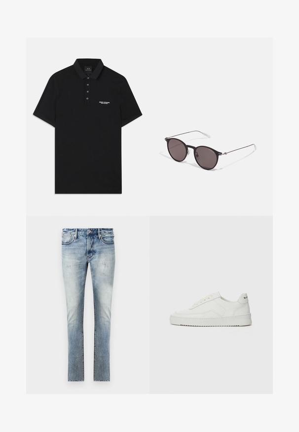 Fekete póló, pamutból készült, standard gallérral, három gombos pánttal, és egy kis fehér "Armani Exchange" logóval a bal oldalon.; Világoskék farmernadrág, kopott hatással, slim fit kialakítással, öt zsebbel és eltérő színű varrással a varratoknál.; Fehér bőr sportcipő sima felülettel, kerek orral, lapos fűzőkkel és texturált talppal. Finom logó található a sarokon.; Fekete kerek napszemüveg sötét lencsékkel és karcsú fém szárakkal. Átlátszó szárvégeket és ezüst részleteket tartalmaz az ívnél. Minimalista dizájn.