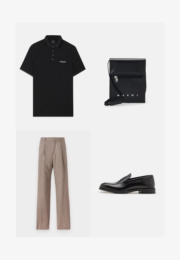 Černé polo tričko z bavlny, s klasickým límečkem, zapínáním na tři knoflíky a malým bílým logem "Armani Exchange" na levé straně.; Hnědé kalhoty s vysokým pasem vyrobené z texturované látky. Mají široké nohavice a dva přední sklady pro strukturu. Úhledné provedení bez viditelné kovových částí.; Černé kožené polobotky s hladkou texturou, zaoblenou špičkou a zdobným páskem přes nárt. Nízký stohovaný podpatek, minimalistický design.; Černá kožená kabelka přes rameno s přední zipovou kapsou, embosovaným logem a nastavitelným popruhem. Hladký povrch s pevnou strukturou.