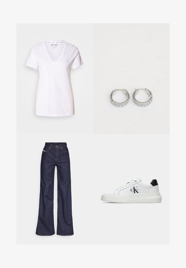 Fehér V nyakú póló, pamutból készült. Rövid ujjú, laza fit. Diszkrét DKNY logó hímezve a bal mellrészen. Simaság jellemzi.; Sötétkék, bő szárú farmernadrág, magas derékkal, narancssárga varrással, öt zsebes kialakítással és gombos zárással.; Fehér alacsony szárú edzőcipő fekete saroktabbal, platform talppal, fűzőkkel és Calvin Klein "CK" logóval az oldalán.; Ezüst fülbevalók, texturált mintával, függőleges barázdákkal. Kerek forma, biztos záródással. Sima felület.