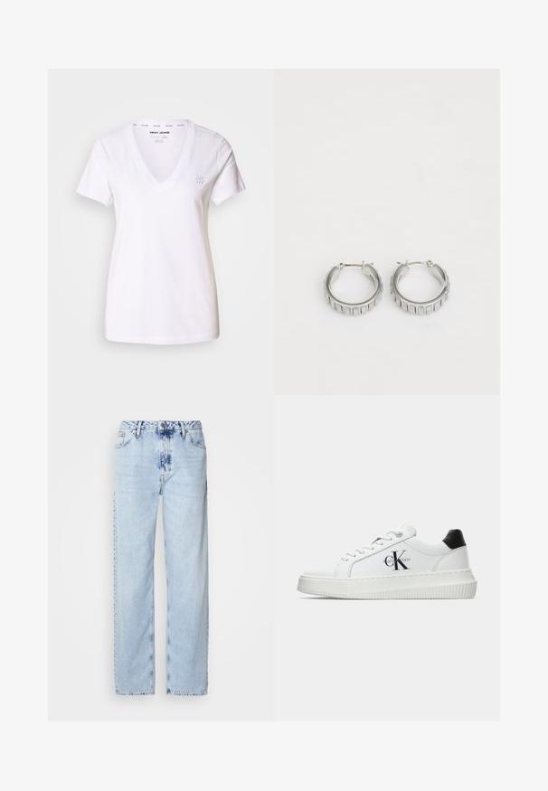 Bílý tričko s výstřihem do V vyrobené z bavlny. Krátké rukávy, volný střih. Diskrétní vyšívané logo DKNY na levé hrudi. Hladká textura.; Světle modré široké džíny z denimu, s vysokým pasem, výrazně vybledlým odstínem a decentním vzorem tie-dye na přední straně.; Bílé nízké tenisky s černým patním tabem, platformovou podrážkou, tkaničkami a logem Calvin Klein "CK" na boku.; Stříbrné kruhové náušnice s texturovaným designem a vertikálními drážkami. Kulatý tvar s pevným uzávěrem. Hladký povrch.