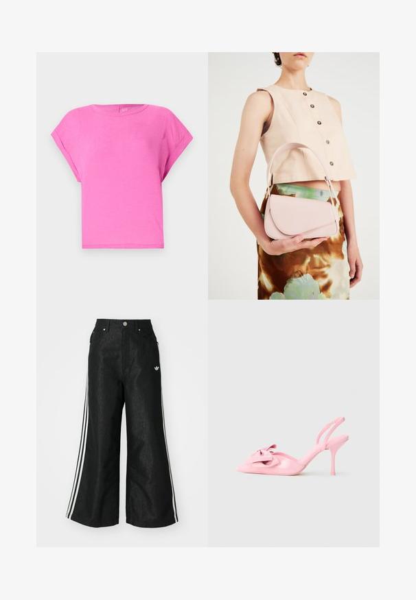 Tricou din bumbac roz cu croială lejeră, decolteu rotund și mâneci scurte. Textură netedă și design simplu, fără modele sau accente vizibile.; Pantaloni din denim negri, cu croi evazat, având trei dungi albastre pe fiecare parte și un mic logo alb. Dispune de buzunare frontale și închidere cu buton.; Sandale cu toc slingback din piele lăcuită roz, cu vârf ascuțit, fundiță decorativă în față și toc subțire de tip stiletto. Textură netedă.; Geantă de piele roz cu clapetă curbată, curea simplă pentru umăr și linii curate. Geanta prezintă o textură netedă și un design minimalistic.