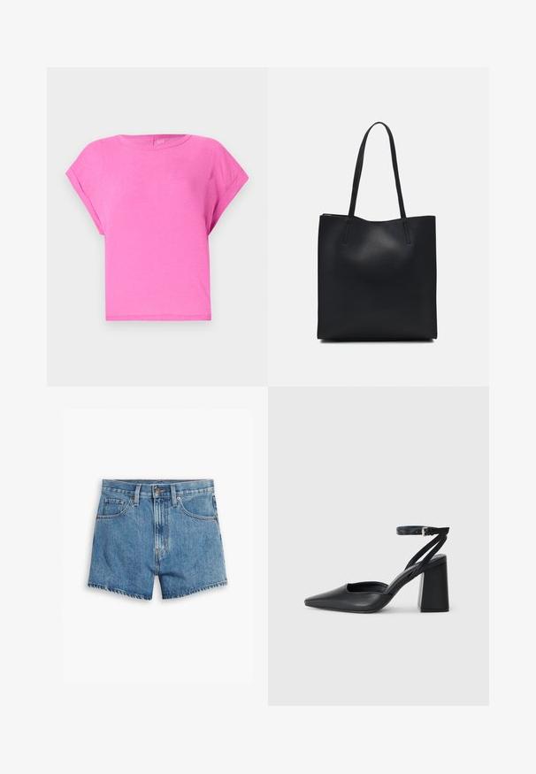 Roza bombažna majica s sproščenim krojem, okroglo izrezom in kratkimi rokavi. Gladka tekstura in preprost dizajn brez vidnih vzorcev ali poudarkov.; Jeans kratke hlače v svetlo modri barvi, z povezavami za pet žepov, zadrgo in gumbom. Rob je razfrcan, oblikovane so v sproščenem kroju.; Črne usnjene klasične čevlje z ostrim nosom, z zaponko za gleženj in debelim peto. Ravna tekstura, eleganten dizajn in minimalistična estetika.; Črna usnjena torba s svilnato teksturo, pravokotne oblike in dvema dolgima ročajema. Brez vidnih metalnih delov ali okrasnih elementov.