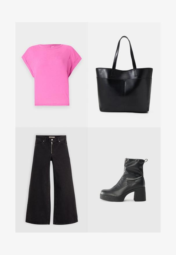 Pink cotton T-shirt with a relaxed fit, round neckline, and short sleeves. Smooth texture and simple design with no visible patterns or accents.; Wide-leg jeans in black denim with a zippered front, five-pocket design, and subtle stitching details. Smooth texture and casual style.; Black ankle boots made of smooth leather, featuring a side zipper, chunky textured heel, and rounded toe design.; Black leather tote bag with two long handles, a smooth texture, and a structured shape. Features a front pocket for additional storage.