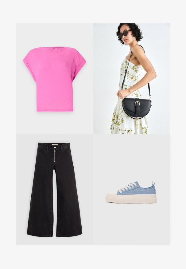 Roosa puuvillane T-särk, millel on lõdva istuvusega, ümmargune kaelus ja lühikesed varrukad. Sile tekstuur ja lihtne disain, ilma nähtavate mustrite või aktsentideta.; Laiad teksad mustast denimist, millel on lukuga eesmine osa, viie taskuga disain ja peened õmblusdetailid. Sile tekstuur ja juhuslik stiil.; Heledad sinised kangast tennisekingad koorevärvi kummist varbakatte ja taldaga, millel on valged paelad ja tõmblukk kandadel.; Mustmust mustraha kõverate joontega, eemaldatava rihmaga ja kuldsete detailidega. Kotil on klapp, millel on pandladetail.