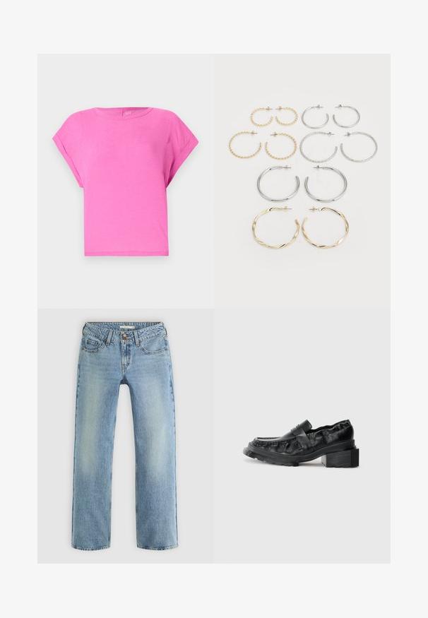 Růžové bavlněné tričko s volným střihem, kulatým výstřihem a krátkými rukávy. Hladká textura a jednoduchý design bez viditelných vzorů nebo akcentů.; Světle modré džíny rovného střihu z denimu, s knoflíkovým zapínáním, pěti kapsami a jemným vyblednutím podél nohavic.; Černé kožené mokasíny se strukturovanou podrážkou, s mírně zvýšeným blokovým podpatkem a texturovaným svrškem, upevněné předním páskem.; Sada dvanácti náušnic ve tvaru kruhu ve stříbrných a zlatých tónech. Obsahuje zkroucené, hladké a texturované designy v různých velikostech a povrchových úpravách.