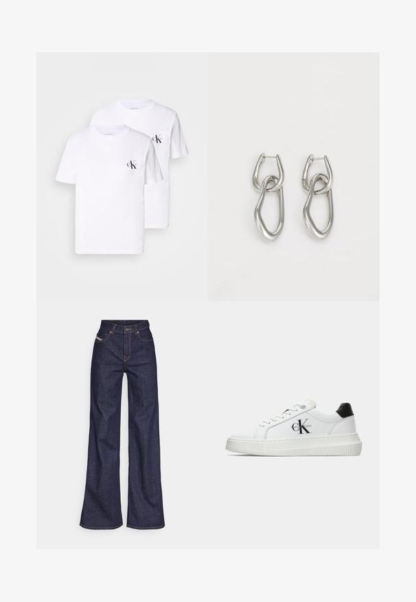 Două tricouri albe din bumbac, cu guler codat, având un mic logo negru "CK" pe zona stângă a pieptului. Textură moale, croi standard.; Blugi taille mare, de culoare albastru închis, din material denim, cu croială largă, cu cusături portocalii, design cu cinci buzunare și închidere cu nasture.; Adidași albi cu glezna joasă, cu tab-ul de călcâi negru, talpă platformă, șireturi și logo-ul "CK" de la Calvin Klein pe lateral.; Calvin Klein STATEMENT LINKS - Cercei - silver-coloured
