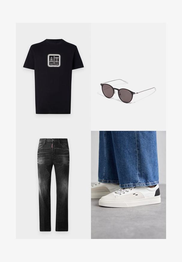 Juodas medvilninis marškinėliai su kvadratiniu grafikos logotipu, kuriame yra "A|X" ir "ARMANI EXCHANGE" tekstas balta ir pilka spalvomis, trumpomis rankovėmis ir apvalia apykakle.; Juodi džinsai su tiesiu kirpimu. Spalvoti svyrantys plotai, šiek tiek sugadinti, klasikinis penkių kišenių dizainas ir mygtuko uždarymas.; Balti ir balti sportbačiai su lygaus odos paviršiumi, tekstūruotais akcentais ir masyviu baltu padu. Turi klasiką primenančią raištelių užsegimo sistemą.; Juodos apvalios saulės akinių su tamsiais lęšiais ir plonomis metalinėmis šakomis. Įtraukti skaidrūs šventyklų galai ir sidabriniai akcentai vyrio srityje. Minimalistinis dizainas.