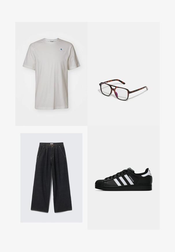 Klättermusen ROOT LOGO TEE - T-shirt basic - snow; Donkerblauwe wijde jeans met plooien aan de voorkant, schuine zakken, riemlussen en een knoopsluiting bij de taille met het label "WEEKDAY."; Zwarte Adidas Superstar sneaker met witte strepen, schelpneus en 'Superstar' tekst aan de zijkant, afgebeeld in zijaanzicht op een witte achtergrond.; Schildpaddenpatroon bril met rechthoekige glazen, zwarte en oranje montuur, met een glanzende afwerking en slanke pootjes.