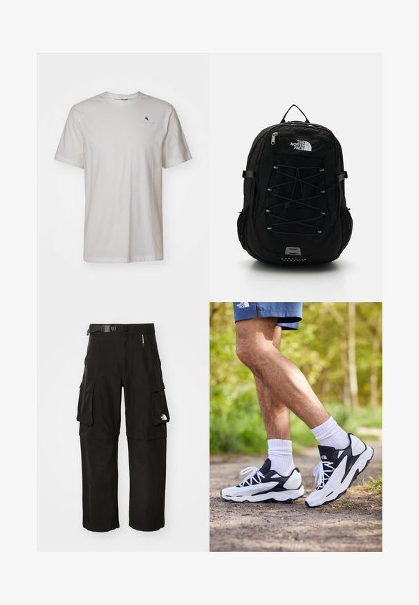 Klättermusen ROOT LOGO TEE - Basic T-shirt - snow; Black cargo pants made of durable fabric, featuring multiple pockets, a belt, and a logo on the lower leg. Straight cut with a smooth texture.; Black and white athletic shoes with mesh upper, textured accents, and white laces. Worn with white ankle socks and navy shorts on a path.; Black backpack with a sleek design, featuring a front bungee cord, mesh side pockets, and a logo. Made from durable material.