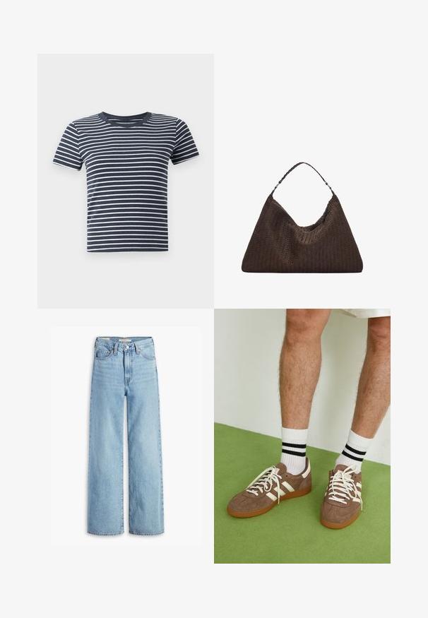Námornícka modrá a biela pruhovaná tričko s krátkymi rukávmi a okrúhlym výstrihom. Vyrobené z mäkkej látky, má rovnomerné horizontálne pruhy.; Svetlomodré široké nohavice s vysokým pásom, predným gombíkom a zipsom, pútka na opasok a štýl s piatimi vreckami.; Hnedé zamatové tenisky s bielymi akcentmi a šnúrkami. Gumová podrážka. Nosené s bielymi ponožkami so čiernymi pruhmi. Zelená textúrovaná podlaha.; Hnedá tkaná kožená kabelka s voľným, trojuholníkovým tvarom. Má opletenú rúčku a zips na vrchu.