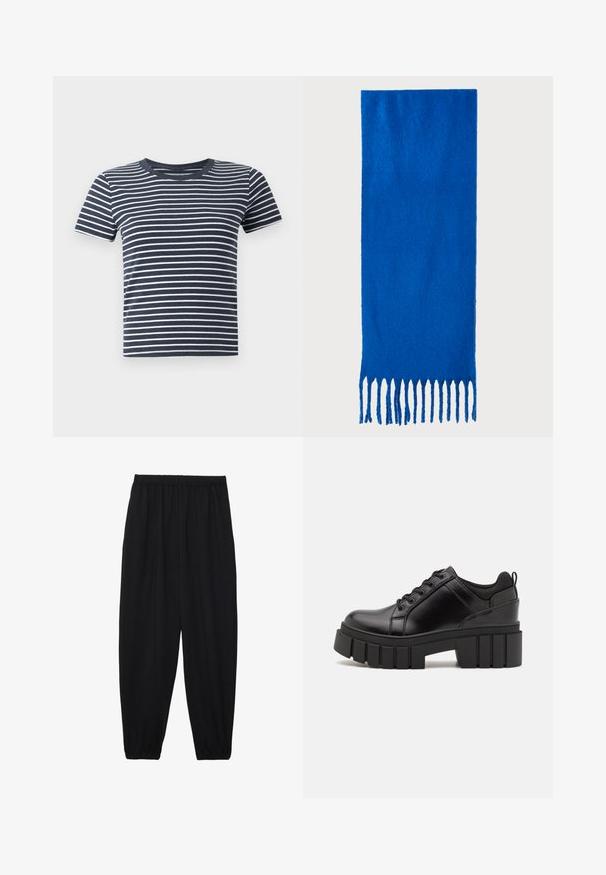 T-shirt às riscas azul marinho e branca, com mangas curtas e decote redondo. Feita de um tecido suave, apresenta riscas horizontais uniformes.; Calças pretas, leves, com um cinto elástico e punhos franzidos. O tecido é suave e apresenta um design relaxado e afunilado.; Sapatos de plataforma em couro preto com um salto bloco robusto, bico redondo e design clássico de atacadores. Apresentam uma textura suave e detalhes mínimos.; Cachecol azul com franjas, feito de tecido macio; apresenta uma cor sólida com uma superfície texturizada e franjas cortadas de forma uniforme na parte inferior.
