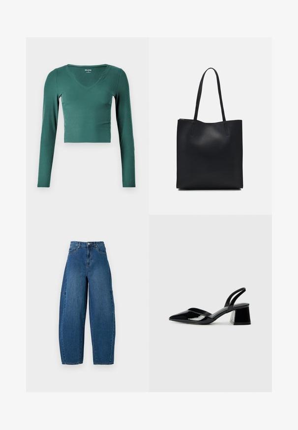 Žalias, raukšlėtas ilgomis rankovėmis trumpas užsisegimo viršus su V formos iškirpte ir prigludusia struktūra. Minkšta tekstūra, minimalūs siūlai ir jokių pastebimų akcentų ar detalių.; Deniminės džinsai vidutinio mėlynumo atspalviu, su aukštu liemeniu, plačiais kojų kirpimais ir standartiniu penkių kišenių dizainu, pasižyminčiu matomais siuvimo detalėmis.; Juodos lakuotos odinės šlepetės su smailiu pirštu ir geometriniu bloko kulnu. Turi elegantišką, minimalistinį dizainą ir lygų paviršių.; Juodas odinis tote krepšys su lygia tekstūra, stačiakampio formos ir dviem ilgais rankenomis. Matomų metalinių detalių ar puošybos nėra.