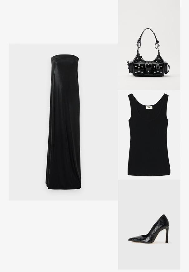 Black tank top made of soft fabric with a scoop neckline and wide shoulder straps. Features a fitted shape and clean, seamless design.; Black strapless maxi dress made of smooth, shiny fabric. Features a fitted bodice and flowing silhouette, reaching the floor without embellishments.; Black pointed-toe high heel shoe with a crocodile-skin texture, featuring a sleek design, high stiletto heel, and smooth black interior.; Black leather handbag with a curved design, featuring silver studs, a buckle, and two side pockets. Adjustable strap for carrying options.
