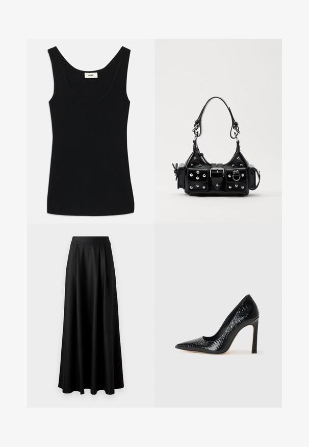 Črn top brez rokavov iz mehkega blaga s krojenim izrezom in širokimi naramnicami. Ima prilagojen kroj in čist, brezšiven dizajn.; Črna, dolg krožni krilo z gladko teksturo, širokim pasom in nabranim dizajnom, brez vidnih vzorcev ali okrasnih elementov.; Črne čevlje z visoko peto in konico v obliki puščice, z teksturo krokodilje kože, ki se ponašajo s sleek oblikovanjem, visokim stiletto peto in gladkim črnim notranjostjo.; Črna usnjena torbica s ukrivljenim dizajnom, ki vsebuje srebrne žebljičke, zaponko in dve stranski žepki. Nastavljiv trak za različne možnosti nošenja.