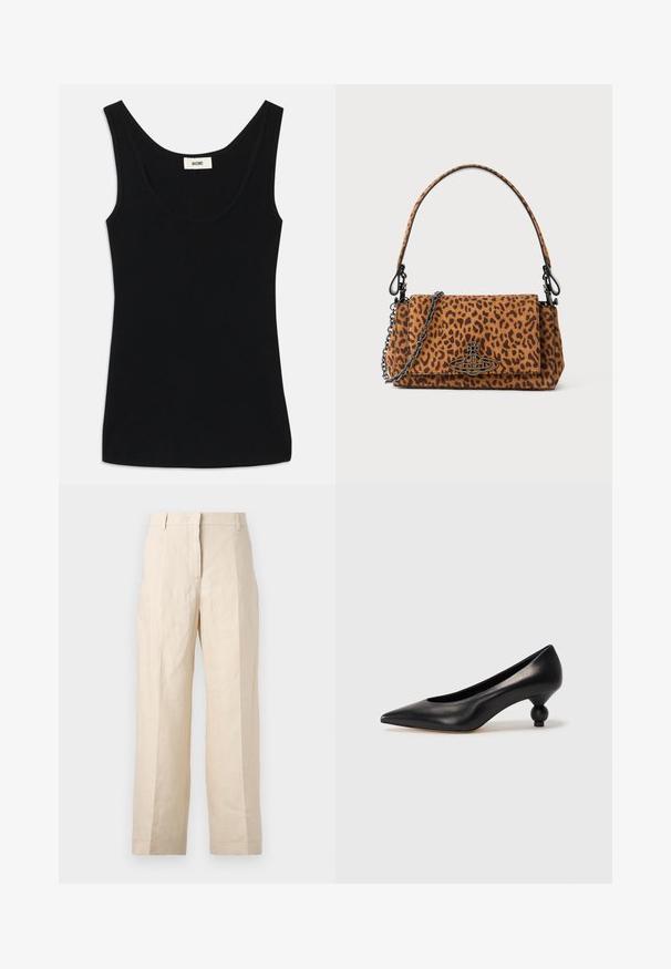 Fekete ujjatlan felső puha anyagból, kerek dekoltázzsal és széles vállpántokkal. Fitted alakja és tiszta, varrat nélküli dizájnja van.; Beige len vászonnadrág laza fazonnal, plisszírozott elülső résszel és egyenes lábakkal. Jellemzője a derékpánt övhurkokkal és látható zsebek nélkül.; Fekete bőr magassarkú cipő, hegyes orral és kerek, gömbölyű sarokkal. Simább textúrával, elegáns, minimalista dizájnnal.; Leopárdmintás bőrönd velúr anyagból, rövid fogantyúval, lánc pánttal és fekete fémzárral. Téglalap alakú, hajtókás záródással.