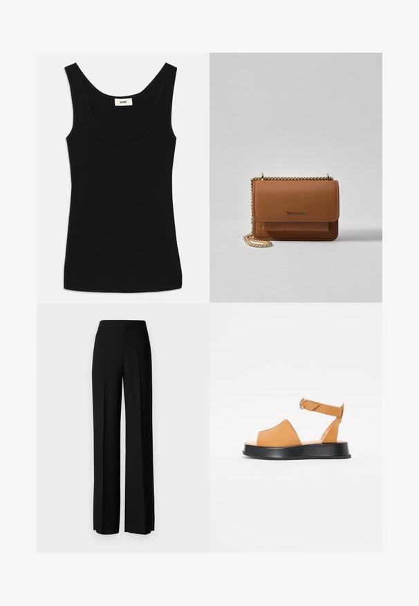 Svart tank topp laget av myk stoff med rund hals og brede skulderstropper. Har en tettsittende fasong og et rent, sømløst design.; Sorte vidde bukser med en glatt tekstur, med høy midje og sentrale folder. Ingen synlige mønstre eller maskinvaredetaljer.; Brune lær sandaler med bred forkant, åpen tå, justerbar stropp og tykk sort plattformsåle. Glatt tekstur og minimalistisk design.; Brun teksturert lær crossover-veske med gullkjede-stropp og klaffelukking. Fronten har logo-detalj og en lomme under klaffen.