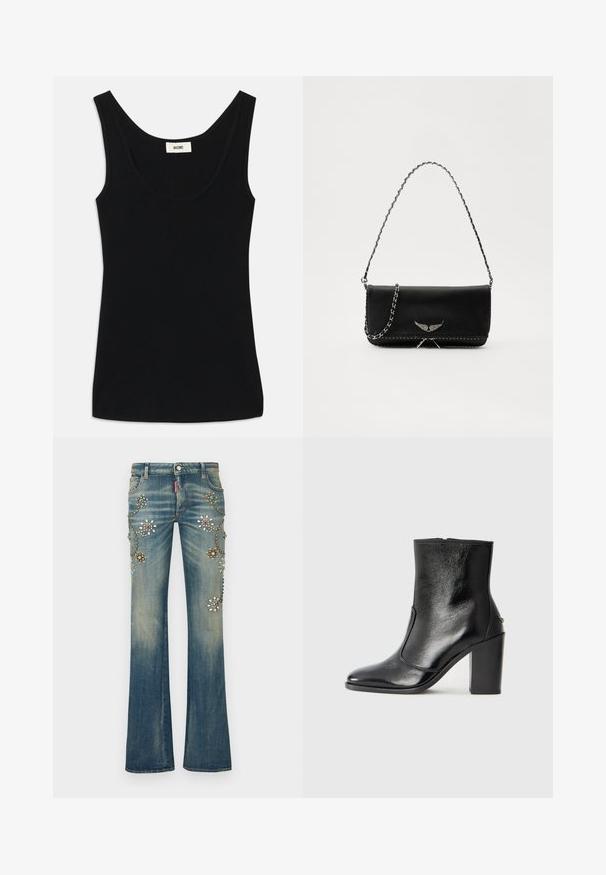 Černý top bez rukávů vyrobený z měkké tkaniny s kulatým výstřihem a širokými ramínky. Má přiléhavý střih a čistý, bezešvý design.; Modré zvonové džíny z denimu zdobené květinovými motivy v různých barvách, s nýty a flitry uspořádanými do dekorativního vzoru.; Černé kožené kotníkové boty s hladkou texturou, špičatou špičkou a robustním vysokým podpatkem. Mají boční otvor a minimalistický design.; Černá kožená kabelka se stříbrným řetízkovým popruhem, zdobená dekorativními křídly a bílým prošíváním podél spodního švu.
