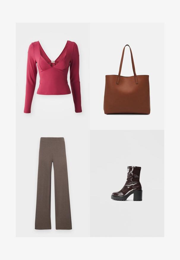 Ilgas rankovės viršus tamsiai raudonmedžio spalvos, su giliu V-kaklu, aptemptu siluetu, lygiu paviršiumi ir minimaliais siuvimo detalėmis.; Tamsiai rudos spalvos plačios kelnes su briaunotu audiniu, elastinga liemene ir minkštu, tekstūruotu audiniu.; Blizgus burgundių spalvos kulknapis su tankiu juodu kulnu, pasižymintis lygiu paviršiumi ir paprastu dizainu. Nėra matomų užsegimų ar raštų.; Ruda odinė priekabų krepšys su glotnia tekstūra, atviru viršumi ir dviem petnešomis. Su minimalia siuvimo detalėmis ir nematoma aparatūra.