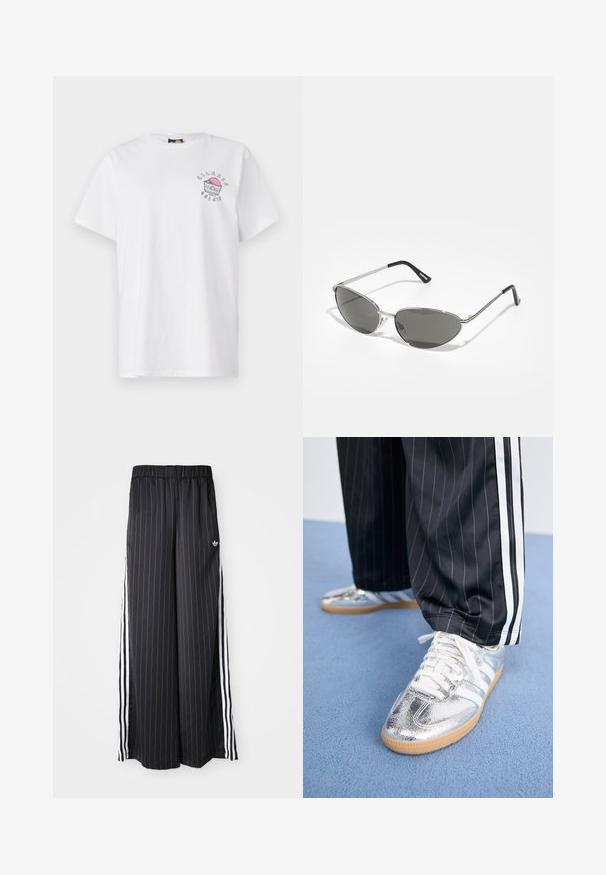 Camisa de algodón blanca con cuello redondo, mangas cortas y un diseño impreso en el lado izquierdo del pecho que presenta acentos en rosa y gris.; Pantalones negros de pierna ancha con rayas blancas verticales, cinturilla elástica y tres rayas blancas a lo largo del lado. Logo de Adidas en la parte frontal.; Zapatillas metálicas plateadas con cordones blancos y tres rayas blancas, combinadas con pantalones negros a rayas. Suela de chicle en la parte inferior.; Gafas de sol con un elegante marco de metal plateado, lentes tintados de color gris y un diseño aerodinámico que presenta bordes puntiagudos y patas delgadas.; Bolsa tote acolchada negra con una gran abertura, formas curvas en la superficie y una etiqueta con texto amarillo y blanco en la parte frontal.