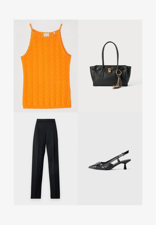 Spilgti oranžs adīts bezpiedurkņu tops ar dimanta rakstu un nelielu pom-pom apdari gar apkakli un siksnām.; Melnas bikses, izgatavotas no gludas auduma, ar augstu vidukli, platiem bikšu galdniekiem, priekšējiem krokām un klasiskām jostu cilpām. Sānu kabatas nav redzamas.; Melnas ādas šlipsveida kurpes ar norādītu purngalu, dekoratīvām joslām ar metāla acīm un zemu bloku papēdi. Teksturēta virsma.; Melnas ādas rokassomu ar divām rokturiem, zelta slēdzi un ķēdes detaļu, kā arī melnbaltu pušķa aksesuāru uz balta fona.