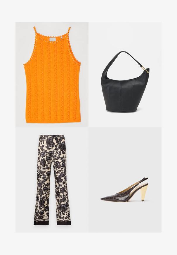 Lys oransje strikket tank topp med diamantmønster og små duskdetaljer langs halsen og stroppene.; Blomstermønstrede vide bukser i kremfarge med svarte toner. Har en silkeaktig tekstur og kontrasterende mørk kant på nederste del.; Spenne-punktet hæl i mørkebrun, blank faux krokodillelær. Har en gullfarge geometrisk hæl og justerbar ankelstropp.; Svart lærveske med en rund form, bred stropp og strukturert overflate. Har en subtil sømdetalj og gullfarget beslag.