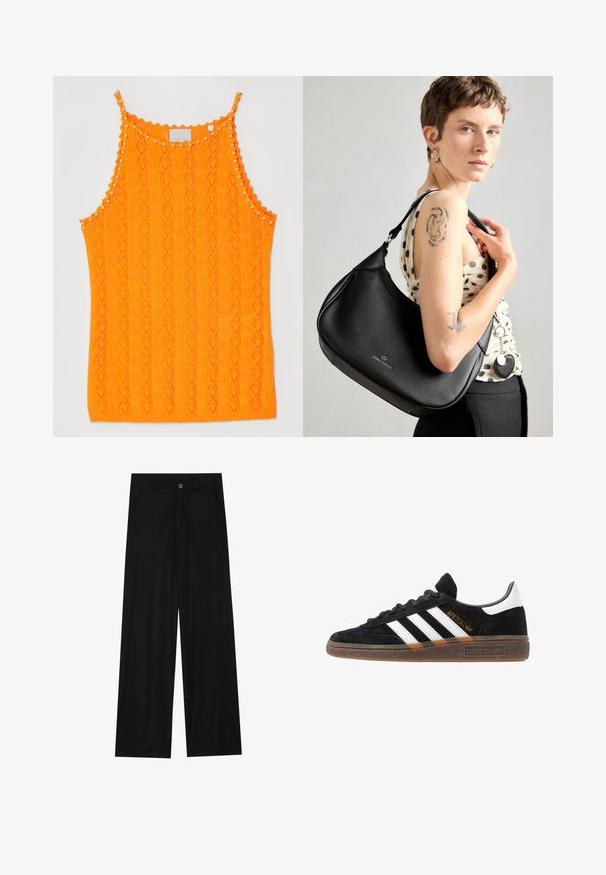 Heledoranž pruugitud tank top, millel on teemantikujuline muster ja väikesed pom-pomid kaelaserva ning rihmade ääres.; Laiad mustad püksid, mis on valmistatud siledast kangast, esipoolse taskuga ja nööbkinnitusega vööl. Minimalistlik disain ilma mustriteta.; Mustad must Adidas'i sneaker valgete triipudega, kuldse "Spezial" tekstiga, kummi tallaga ja valge kontsaga, kujutatud külgvaates.; Must mustrepp nahk kott tekstuurse viimistlusega, hõbedase riistvara aktsendiga ja külge kinnitatud väikese kotikese kõrva. Ees on nähtav logo.