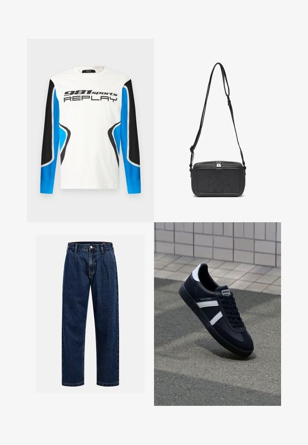 Pikad varrukad spordipusa valge esiosa, mustade ja siniste varrukapaneelidega ning "981 sports REPLAY" logo trükitud rinna kohal.; Tumed sinine denimiteksad sirge lõikega. Omavad nähtavat tikandit, nuppe sulgemiseks ning ees olevaid voldikesi lisadetailiks.; Must have musta sneaker musta valgete triipudega, tekstuurne kummitald ja nööridega esiosa. Omab bränditud märki keele peal.; Musternast mustriga nahast ristiõlgadega kott, millel on tõmbluku sulgemine, esiküljel on sissepressitud logo ja reguleeritav rihm. Sile tekstuur ja ristkülikukujuline kuju.