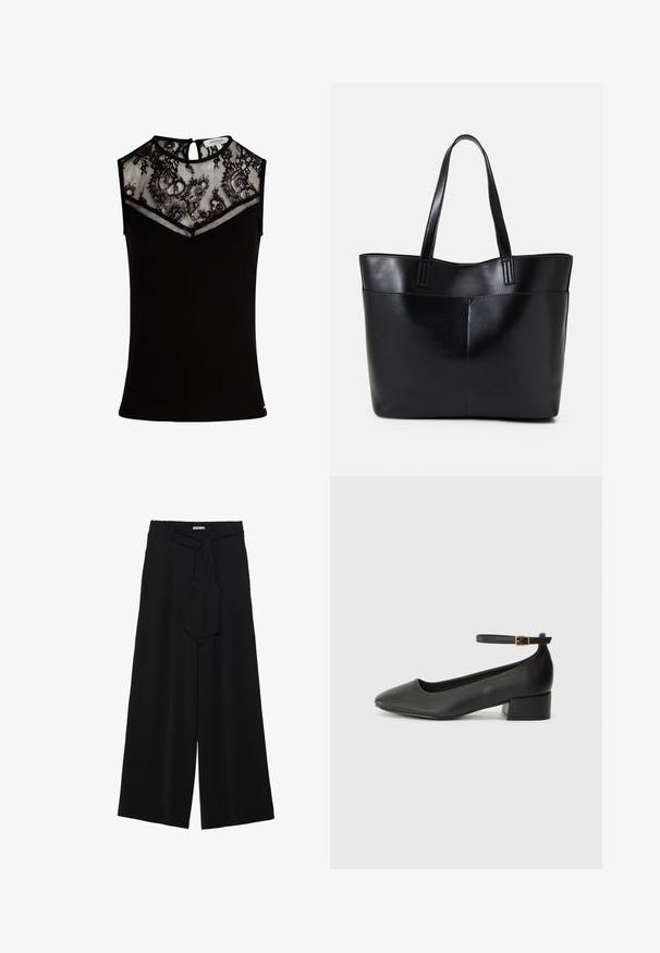 Top negru fără mâneci, cu un yoke din dantelă și panou din plasă, textură canelată, detaliu cu gaură în spate și un design ajustat.; Pantaloni largi negri dintr-un material texturat, cu un tiv elastic și o panglică detașabilă la talie pentru un fit ajustabil.; Pantof cu toc negru din piele, cu vârf ascuțit și toc mic pătrat. Dispune de o curea la gleznă cu o cataramă în tonuri de aur. Textură netedă.; Geantă oversized din piele neagră, cu două mânere lungi, de textură netedă și formă structurată. Are un buzunar frontal pentru stocare suplimentară.