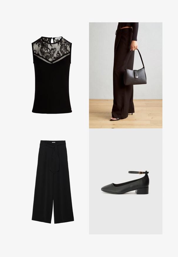 Črna brezrokavna majica z čipkastim yoke-jem in mrežnim delom, rebrasto teksturo, detajlom s ključavnico na hrbtni strani in prilagojeno zasnovo.; Črne široke hlače iz teksturirane tkanine, z elastičnim pasom in odstranljivim trakom na pasu za prilagodljivo prileganje.; Črne usnjene pumpice z nazobčanimi prsti in nizko blokasto peto. Imajo trak okoli gležnja z zaponko v zlatem tonu. Gladka tekstura.; Črna torbica z strukturirano obliko, gladko teksturo in kovinskim zaponko. Ujemajo se z širokimi črnimi hlačami in odprtimi sandali na lesenem tleh.