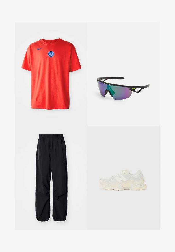 Punainen puuvillainen t-paita, jossa on sininen Nike-logo vasemmassa olkapäässä ja sininen Paris Saint-Germain -merkki rintakehässä. Lyhyet hihat.; Mustat kevyet cargo-housut, joissa on joustava vyötärö, sivuvetoketjut ja tilavat taskut. Ominaisuuksiin kuuluu rento istuvuus ja kapenevat hihnat.; Kevyt lenkkari, jossa on verkko- ja mokkanahkapinta pehmeissä kerman sävyissä, chunky-pohja ja kolmiulotteiset yksityiskohdat.; Urheilulasit mustalla kehyksellä, suuret liukuväriset linssit, joissa on purppuran- ja vihreänsävyjä, sekä kulmikkaat muotoilun yksityiskohdat, joissa on logotieto.