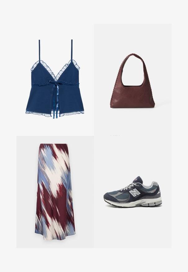 Námořnická modrá tílko s tenkými ramínky, se zdobeným průhledným krajkovým lemem kolem výstřihu a spodního okraje, a saténovou mašlí na pase.; Dlouhá sukně s diagonálním tie-dye vzorem v burgundské, modré a krémové barvě, vyrobená z měkké tkaniny s volným silhouette a mírným leskem.; Tenisky New Balance s horní částí ze síťoviny a semíš, navy barvy, šedé akcenty, bílé logo, polstrovanou podrážkou a texturovanými detaily.; Burgundská kožená kabelka trojúhelníkového tvaru, s otevřeným topem a tkaným detailem podél rukojeti. Hladký povrch s matným finišem.