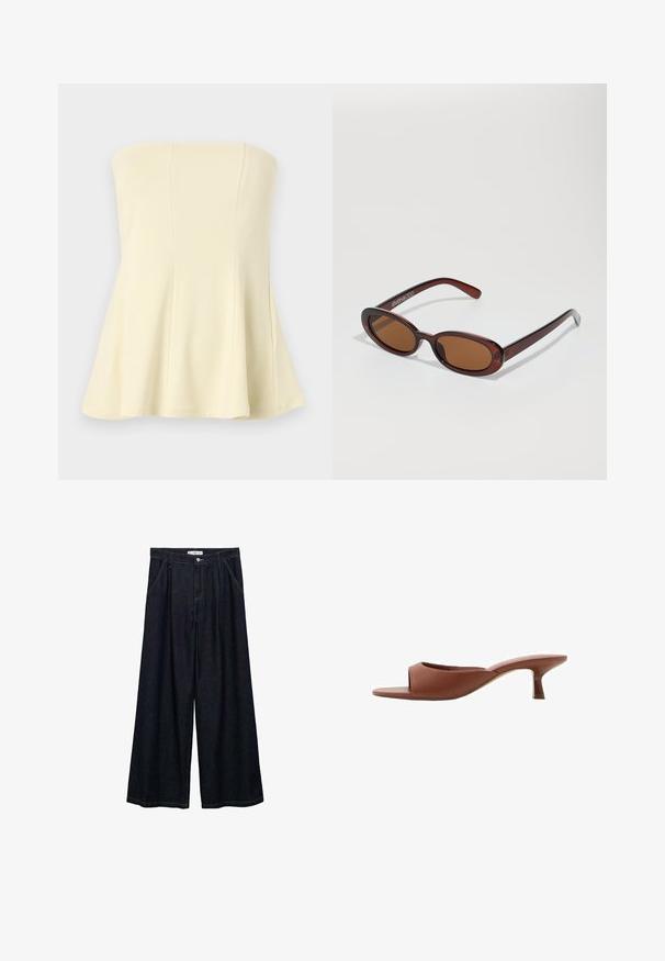 Strapless lichtgele top met een uitlopende ontwerp, gemaakt van een gladde, zachte stof; heeft verticale naden voor structuur en pasvorm.; Denim crop top met een rits aan de voorkant, gebogen naaddetails en een herhaald kruisvormig patroon in lichtblauw op een donkerblauwe basis.; Donkerdenim wijde-broek met een hoge taille, voorzien van een sluiting met knoop aan de voorkant, twee zijzakken en stikdetails.; Bruine open teen hakschoenen met een gladde, matte afwerking, met een gebogen ontwerp en een transparante, taps toelopende hak.; Ronde, bruin getinte zonnebril met een glanzend bordeauxrood frame. Slanke pootjes met subtiele merkdetails. Vlakke lensontwerp.; Bruine leren handtas met dubbele banden, een afgeronde vorm, gouden hardware en een centrale sluiting. Gladde textuur met gestikte accenten.