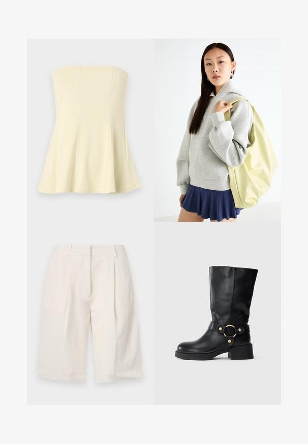 Top galben deschis fără bretele, cu un design evazat, realizat dintr-un material neted și moale; are cusături verticale pentru structură și potrivire.; Shorts din in cu fir alb, cu un design tailored, față pliată și deschideri largi pentru picioare. Textură netedă și lungime până la mijlocul coapsei.; Botă de piele neagră până la jumătatea gambei, cu toc masiv și curea decorativă ce prezintă o cataramă circulară aurie, pe un fundal alb.; Hanorac oversized gri cu buzunar tip kangaroo, asociat cu o fustă albă cu volane de culoare bleumarin. Accesoriu: rucsac mare de un galben deschis, cu textură netedă.