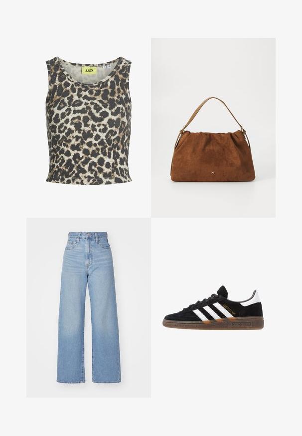 Leopard print tank top in ribbed fabric, featuring a round neckline and sleeveless design. Color palette includes beige, brown, and black.; Light blue high-waist wide-leg jeans with front button and zip closure, front and back pockets, on a white background.; Black Adidas sneaker with white stripes, gold "Spezial" text, gum sole, and white heel tab, shown in profile view.; Brown suede handbag with a gathered design, featuring a single tan leather strap and a subtle gold logo detail on the front.