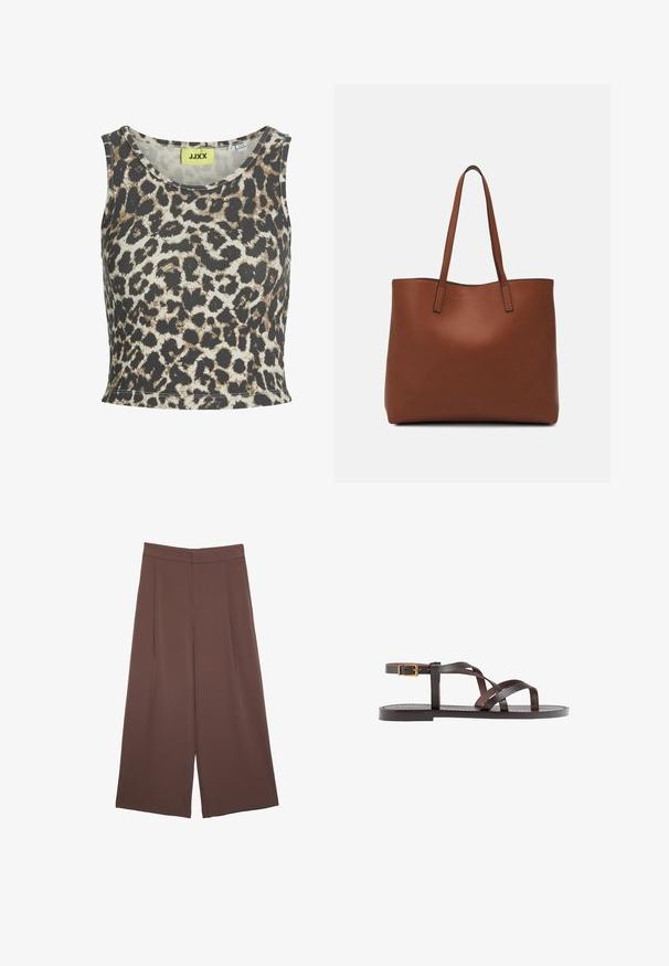 Leopardenprint tanktop in geribd materiaal, met een ronde halslijn en een mouwloos ontwerp. Het kleurpalet bestaat uit beige, bruin en zwart.; Bruine wijde broek met een gladde textuur, voorzien van een hoge taille en plooien aan de voorkant. De stof is lichtgewicht en valt losjes.; Bruine leren sandaal met kruisingen van banden, een enkelgesp-sluiting en een platte zool met minimale stikdetails.; Bruine leren tote bag met een gladde textuur, een ontwerp met een open bovenkant en twee schouderbanden. Kenmerkt zich door minimale stiksels en geen zichtbare hardware.