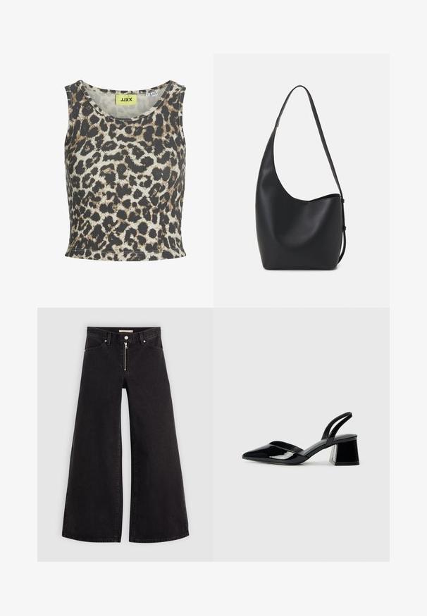 Leopardų rašto rankovių neturinti palaidinė iš raukšlėtos medžiagos su apvaliu iškirpimu. Spalvų paletė apima smėlio, rudos ir juodos spalvas.; Plačios kojų džinsai iš juodo džinsinio audinio su užtrauktuku priekyje, penkių kišenių dizainu ir subtiliais siuvinėjimo akcentais. Lygus paviršius ir laisvalaikio stilius.; Juodos lakuotos odinės šlepetės su smailiu pirštu ir geometriniu bloko kulnu. Turi elegantišką, minimalistinį dizainą ir lygų paviršių.; Juodas odinis hobo maišas su lygiu paviršiumi, kreipta forma ir viena reguliuojama rankena; turi platų atidarymą viršuje.