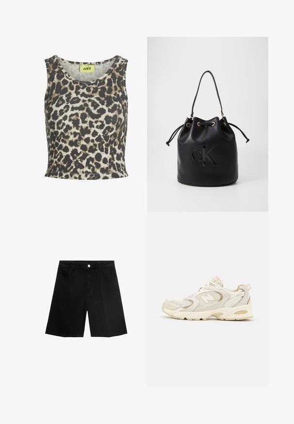 Leopardenprint tanktop in geribd materiaal, met een ronde halslijn en een mouwloos ontwerp. Het kleurpalet bestaat uit beige, bruin en zwart.; Zwarte denim shorts met een rechte snit, vijf zakken en een zilveren knoopsluiting. Gladde textuur met minimale stikseldetails.; Beige sport schoenen met gaas- en synthetische overlays, voorzien van een textuur, een gevoerde kraag en "ABZORB" demping bij de hiel.; Zwarte leren emmer tas met trekkoord sluiting, voorzien van een glanzend "CK" logo aan de voorkant en gouden hardware accenten.