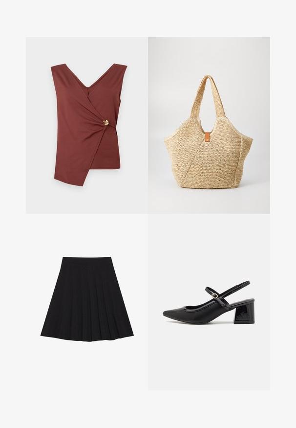 Varratud pruun ilma varrukateta top, millel on asümmeetriline alumine äär ja kuldne dekoratiivne klamber külgedel.; Must mustriga seelik, millel on tekstureeritud kangas ja kitsas vöökoht. Ulatuv põlveni, omadab sujuvat ja lõputut siluetti.; Mustad läikivad nahast slingback-kõrged kontsad, millel on terav nina, ümar lõikekujundus ja blokknina. Omab kuldset nupu aktsenti.; Suur õlgkott, millel on tekstureeritud beež välimus ja kaks laia sang. Omab nahast kaunistusrihma sulgemiseks.