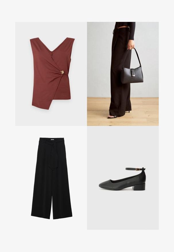 Top marrone senza maniche con orlo asimmetrico e una chiusura decorativa dorata sul lato.; Pantaloni neri a gamba larga caratterizzati da un tessuto testurizzato, una vita elastica e una cintura staccabile per una vestibilità regolabile.; Pump in pelle nera con punta affusolata e tacco basso a blocco. Presenta una cinghia alla caviglia con una fibbia in tonalità oro. Texture liscia.; Borsa nera con forma strutturata, texture liscia e una chiusura metallica. Abbinata a pantaloni neri larghi e sandali open-toe su un pavimento in legno.