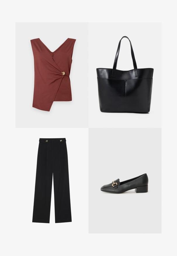 Sleeveless brown wrap top with asymmetrical hem and a gold decorative clasp on the side.; Black wide-leg trousers with high waist, button details on waistband, and front pleats.; Black leather loafers with a flat heel, featuring a decorative gold hardware detail on the front and a smooth texture.; Black leather tote bag with two long handles, a smooth texture, and a structured shape. Features a front pocket for additional storage.